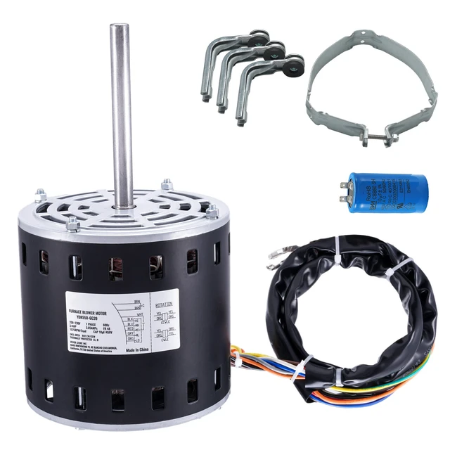 Alt view image 9 of 9 - 3/4HP Furnace Blower Motor, 208/230V 3.85Amps, 1075RPM 5 Speeds, CW/CCW Rotation, 48 Frame 4.8" Shaft Length, 10F/450V Capacitor + 11" Hold Hoop