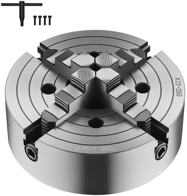 Alt view image 15 of 15 - 4-Jaw Lathe Chuck, 10 in (250 mm), Lathe Chuck, 0.6-9.84 in (15-250 mm) Clamping Range with T-key Fixing Screws Reversible Jaws, HT300 Cast Iron Material, Internal External for Wood Metal Lathe