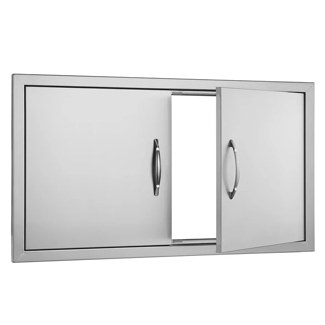 Alt view image 10 of 10 - BBQ Access Door, 34W x 19H Inch Double Outdoor Kitchen Door, Stainless Steel Flush Mount Door, Wall Vertical Door with Handles, for BBQ Island, Grilling Station, Outside Cabinet