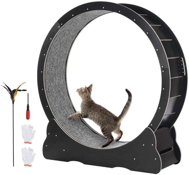 Alt view image 8 of 8 - Wooden Cat Exercise Wheel, 43.3" Large Cat Treadmill Wheel for Indoor Cats, Cat Running Wheel with Detachable Carpet & Cat Teaser for Running/Walking/Training, Suitable for Most Cats Black