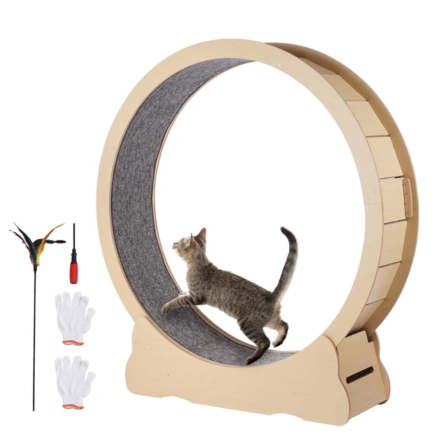 Alt view image 9 of 15 - Wooden Cat Exercise Wheel, 52" Large Cat Treadmill Wheel for Indoor Cats, Cat Running Wheel with Detachable Carpet & Cat Teaser for Running/Walking/Training, Suitable for Most Cats