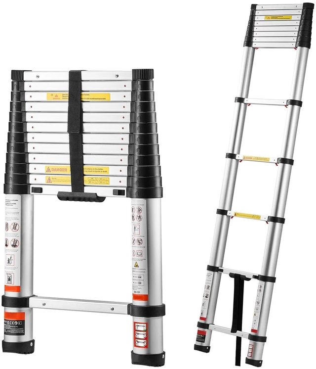Alt view image 8 of 8 - 12.5ft Telescoping Ladder, Aluminum Lightweight Multi-Purpose Collapsible Extension, One-Touch Retraction Ladder, Heavy Duty 330LBS Max Capacity with Non-Slip Feet, for Home, Outdoor Work, Loft