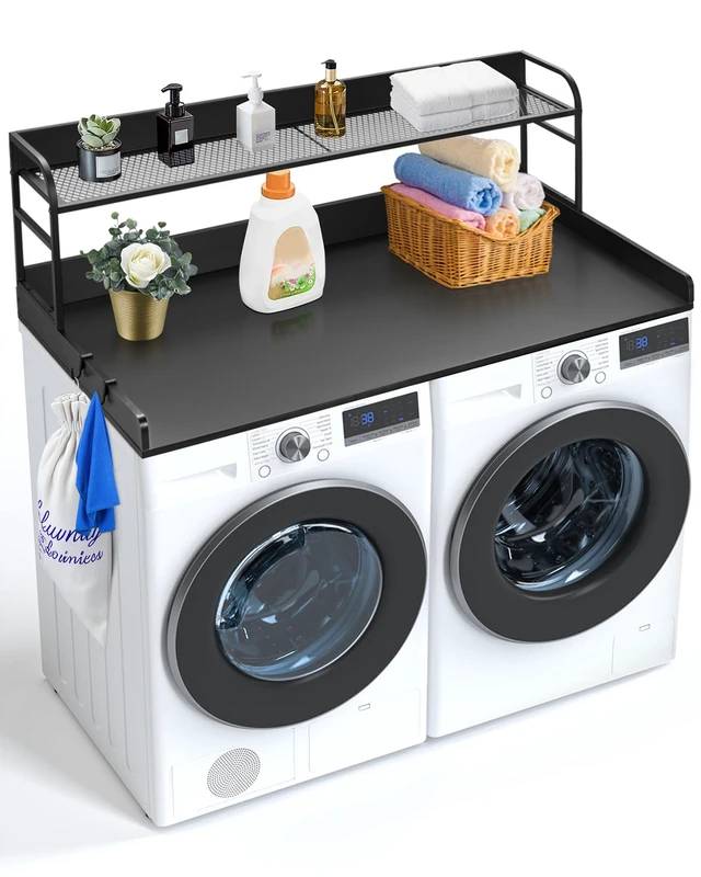 Alt view image 15 of 15 - Washer Dryer Countertop with 2-Tier Shelf, 54" x 27" Wooden Washer and Dryer Countertop with Anti-Slip Pads, Water-Resistant Laundry Topper Cover for Laundry Room Organization and Storage, Black