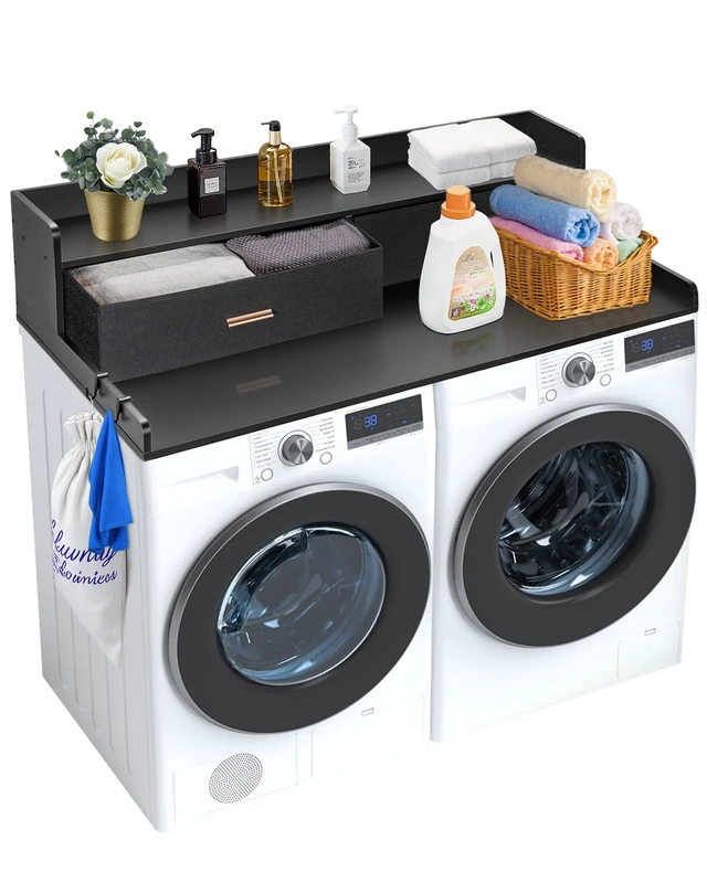Alt view image 15 of 15 - 2 Drawers Washer Dryer Countertop with 2-Tier Shelf, 54" x 27" Wooden Washer and Dryer Countertop with Non-Slip Pads, Water-Resistant Laundry Topper for Laundry Room Organization, Black