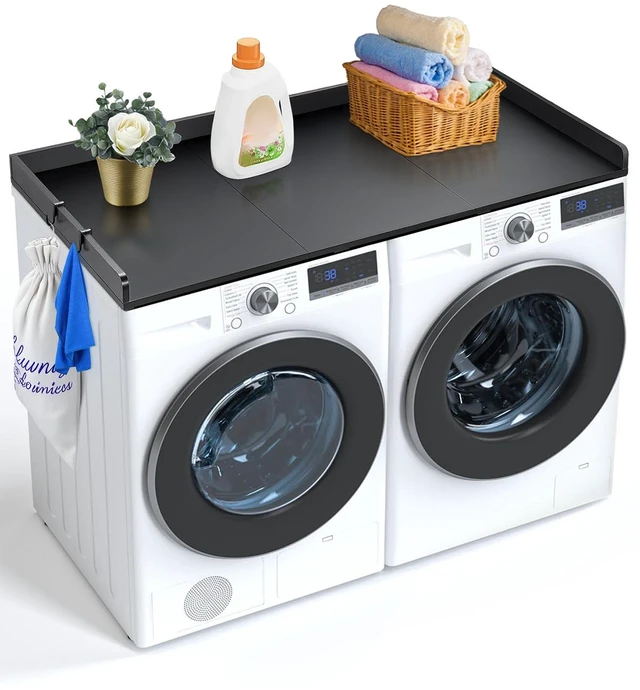 Alt view image 15 of 15 - Washer Dryer Countertop with 3 Splicing Panels, 54" x 27" Wooden Washer and Dryer Countertop with Non-Slip Pads, Water-Resistant Laundry Topper for Laundry Room Organization and Storage, Black
