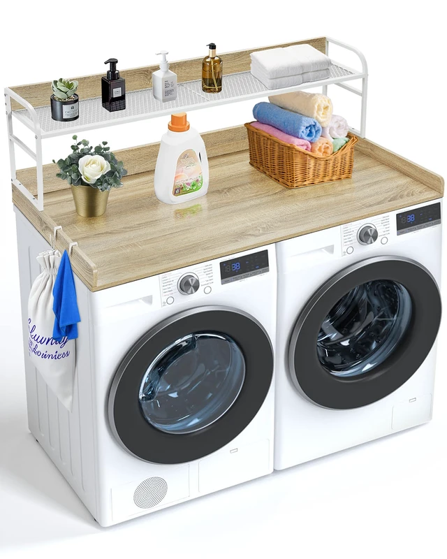 Alt view image 15 of 15 - Washer Dryer Countertop with 2-Tier Shelf, 54" x 27" Wooden Washer and Dryer Countertop with Anti-Slip Pads, Water-Resistant Laundry Topper Cover for Laundry Room Organization and Storage, Oak