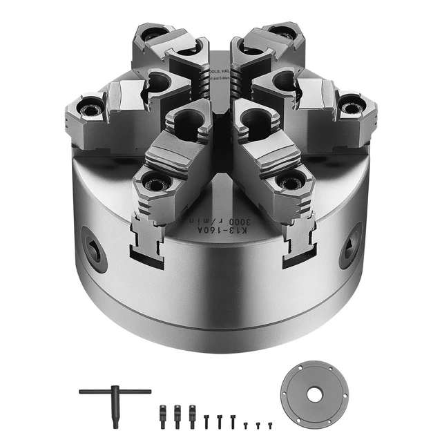 Alt view image 9 of 9 - 6-Jaw Lathe Chuck, 6 Inch (160 mm), Self-Centering Chuck with D1-4 Cam Lock Backing Plate, 0.12-5.71 in (3-145 mm) Clamping Range with T-wrench Screws, HT300 Material, for Wood Metal Lathe