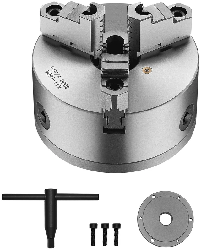 Alt view image 8 of 8 - 3-Jaw Lathe Chuck, 6 Inch (160 mm), Self-Centering Chuck with 1 1/2 in-8 Threaded Backing Plate, 0.12-5.71 in (3-145 mm) Clamping Range with T-wrench Screws, HT300 Material, for Wood Metal Lathe