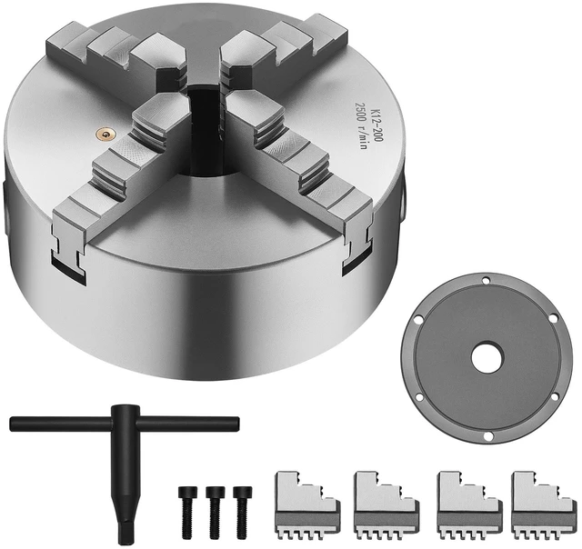 Alt view image 8 of 8 - 4-Jaw Lathe Chuck, 8 Inch (200 mm), Self-Centering Chuck with 1 1/2 in-8 Threaded Backing Plate, 0.16-7.87 in (4-200 mm) Clamping Range with T-wrench Screws, HT300 Material, for Wood Metal Lathe