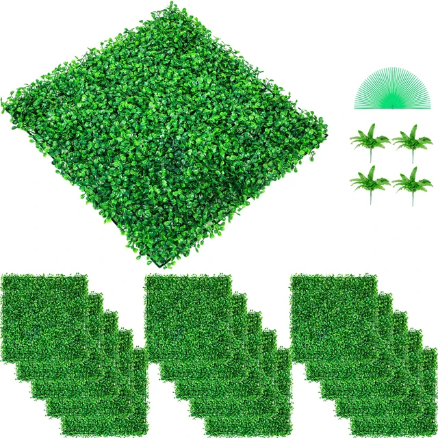 Alt view image 8 of 8 - Artificial Boxwood Panel UV 48pcs Boxwood Hedge Wall Panels Artificial Grass Backdrop Wall 10X10\" 4cm Green Grass Wall Fake Hedge for Decor Privacy Fence Indoor Outdoor Garden Backyard