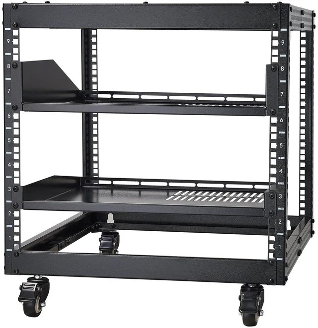 Alt view image 8 of 8 - 9U Open Frame Server Rack, 23''-40'' Adjustable Depth, Free Standing or Wall Mount Network Server Rack with 360° Casters, Heavy Duty 4 Post Holds All Your Networking IT Equipment AV Gear Router