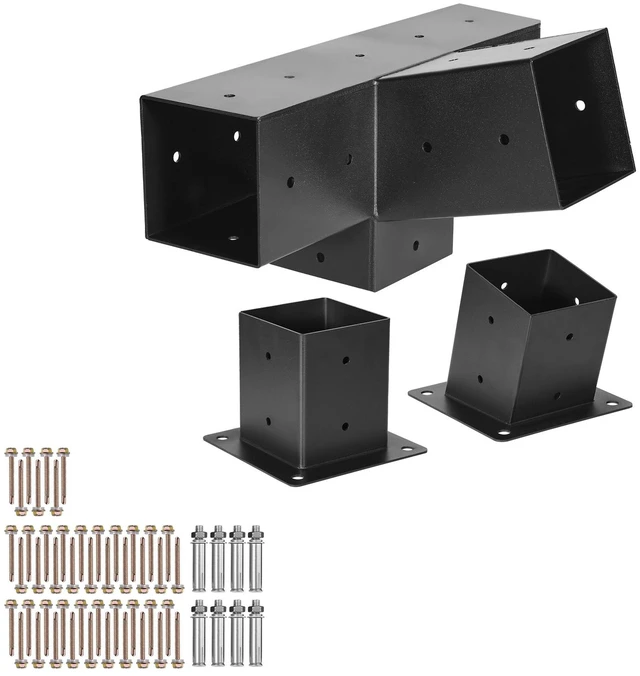 Alt view image 8 of 8 - Pergola Kit, 4x4 Inch 4-Way Slanted Bracket for 3.5x3.5 Inch Wood Beams in Actual Size, Carbon Steel Pergola Bracket with Post Base and Wall Mount Base, for Outdoor Pergolas, Gazebos, Sheds