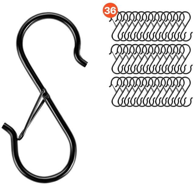 Alt view image 9 of 9 - S Hooks 36 Pack, 39.68 LBS Capacity for Bars up to 0.85 Inch, S Shaped Hooks with Safety Buckle, Heavy Duty Metal Hangers for Plants, Jeans, Clothes in Garden, Closet, Kitchen, Bedroom, Black