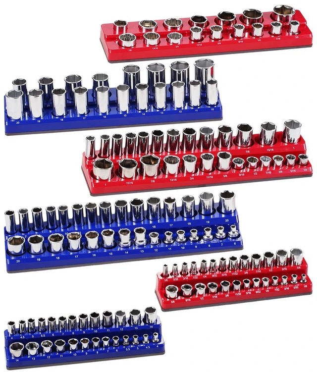 Alt view image 8 of 8 - Magnetic Socket Organizer Set, 6PCS Socket Holder, 1/4'', 3/8'' & 1/2'' Metric SAE Socket Trays with Clear Labels, Hold up to 143PCS Standard & Deep Sockets, Blue & Red (Sockets Not Included)