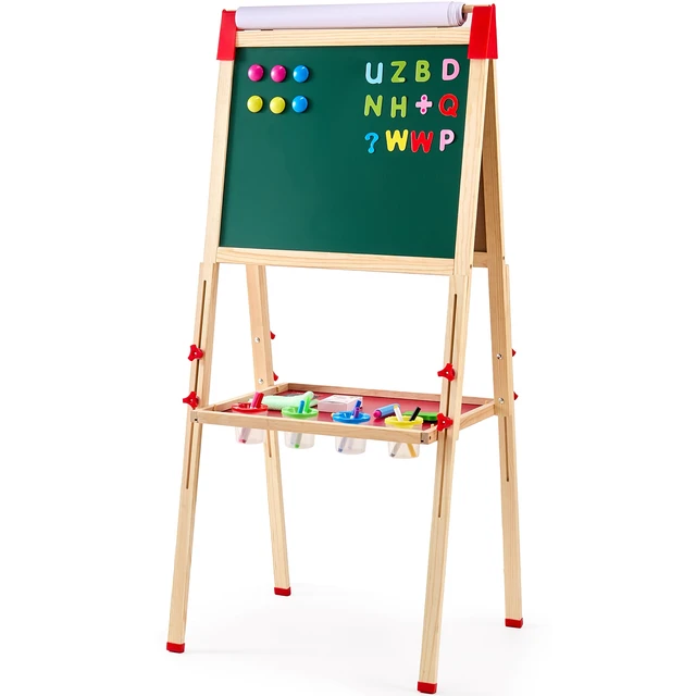 Alt view image 15 of 15 - VEVOR 3-in-1 Kids Art Easel Double-Sided Wooden Magnetic Whiteboard Chalkboard