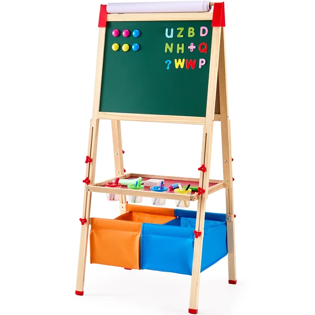 Alt view image 15 of 15 - VEVOR 3-in-1 Kids Art Easel Double-Sided Wooden Magnetic Whiteboard Chalkboard