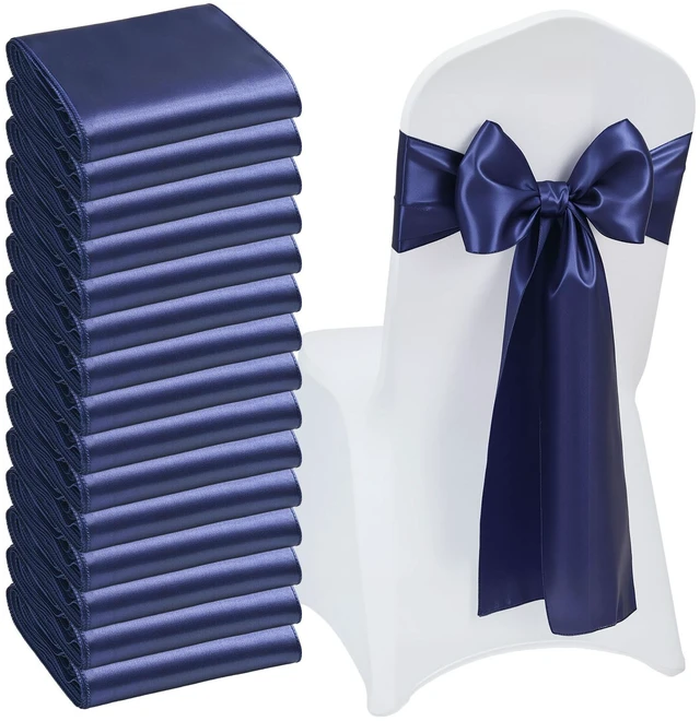 Alt view image 8 of 8 - Satin Chair Sashes Bows, 50PCS Chair Ribbon Ties Back Sash, 7 x 108 inch, Navy Blue Wedding Reception Decoration, for Wedding Ceremony Baby Shower Party Events Banquet Chair Cover Decoration