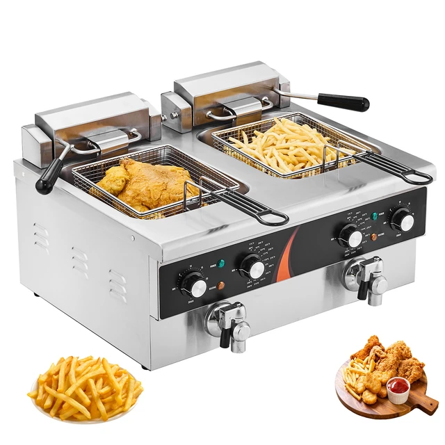 Alt view image 11 of 11 - Commercial Deep Fryer, Dual Tank 3500W Electric Countertop Fryer, 2 x 9Qt / 8.5L Double Oil Fryer with 2 Baskets, 1mm Thickened Stainless Steel, Time & Temp Control, for Kitchen Restaurant Use