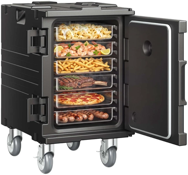 Alt view image 8 of 8 - Insulated Food Pan Carrier, 95 Qt Hot Box for Catering, Food Box Carrier with Buckle, Front Loading Food Warmer with Handles, End Loader with Wheels for Restaurant, Canteen