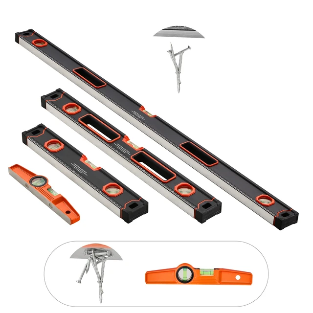 Alt view image 8 of 8 - 4-Piece Torpedo Level, 48/24/16/10 Inch Box Levels Set, Fluorescent Light Up Bubble Vials Ruler for 45/90/180 Degree, Aluminum Alloy Magnetic Leveler Tool, Shock-Proof(Only 10-inch has magnetic)