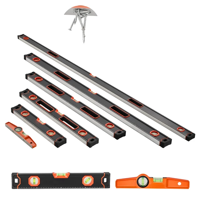 Alt view image 8 of 8 - 6-Piece Torpedo Level, 78/48/32/24/16/10 Inch All Magnetic Levels Set, Bubble Vials Ruler for 45/90/180 Degree, Aluminum Alloy Magnetic Box Leveler Tool, Shock-Resistance, SAE and Metric Scale