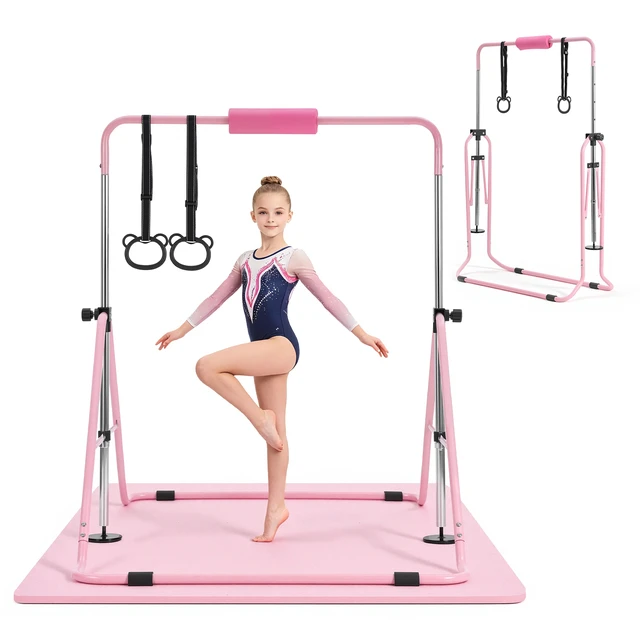 Alt view image 8 of 8 - VEVOR Gymnastic Bars for Kids, 140 lbs Capacity Folding Training Kip Bar with Mat, Adjustable Height Gymnastic Horizontal Bar for Home, Training Equipment for Indoor Outdoor, Easy to Assemble, Pink