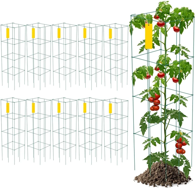 Alt view image 8 of 8 - Tomato Cages, 11.8\" x 11.8\" x 46.1\", 10 Packs Square Plant Support Cages, Green PVC-Coated Steel Tomato Towers for Climbing Vegetables, Plants, Flowers, Fruits