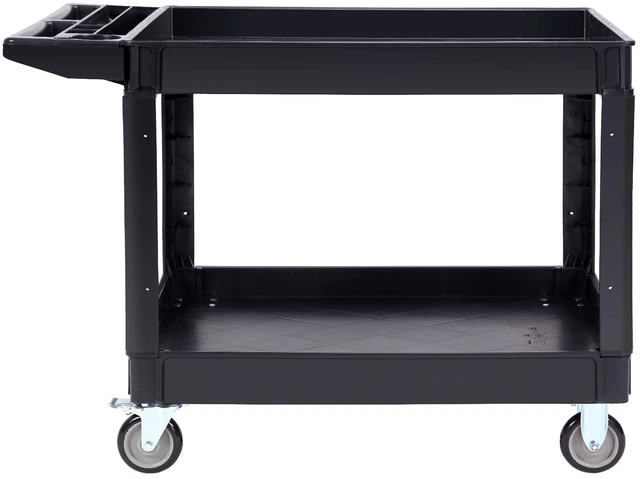 Alt view image 15 of 15 - Utility Service Cart, 2 Shelf 550LBS Heavy Duty Plastic Rolling Utility Cart with 360° Swivel Wheels (2 with Brakes), Large Lipped Shelf, Ergonomic Storage Handle for Warehouse/Garage/Cleaning