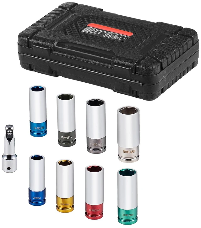 Alt view image 16 of 16 - Lug Nut Impact Socket Set, 1/2 inch Drive Metric and SAE 6-Point Deep Socket Set, 8 Total Lug Nut Sizes, CR-MO Steel Wheel Socket Set with Storage Case and Extension Bar, for Auto Repair