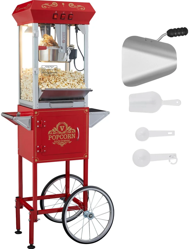 Alt view image 17 of 17 - Popcorn Maker with Cart, 850W Popcorn Popper Machine, 8 Oz Kettle Makes 48 Cups per Batch, Popcorn Maker Equipped with Tempered Glass, Includes 4 Scoops, Movie Theater Style, Red