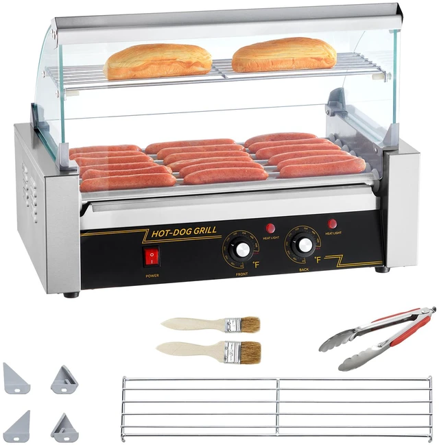 Alt view image 16 of 16 - Hot Dog Roller 7 Rollers 18 Hot Dogs Capacity 1050W Stainless Sausage Grill Cooker Machine with Dual Temp Control Glass Hood Acrylic Cover Bun Warmer Shelf Removable Oil Drip Tray, ETL Certified