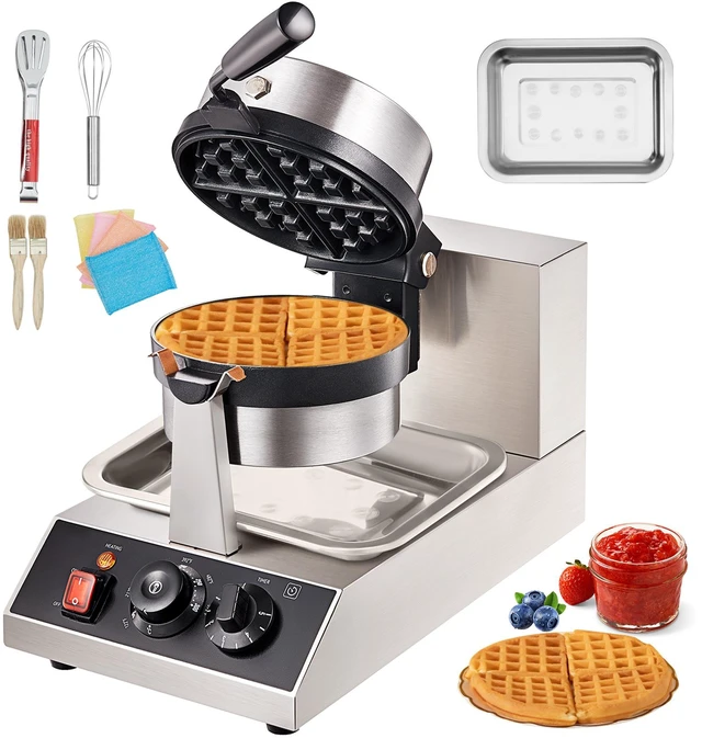 Alt view image 17 of 17 - Commercial Waffle Maker, 1 Piece per Batch, 1300W Round Waffle Iron, Non-Stick Waffle Baker Machine with 122-572 / 50-300 Temp Range Teflon-Coated Baking Pans Stainless Steel Body, 120V