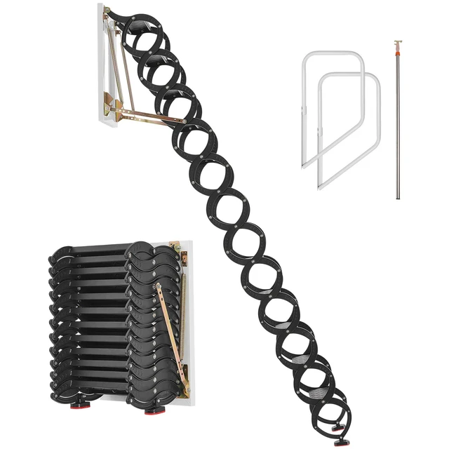 Alt view image 8 of 8 - Attic Ladder Wall-Mounted, 660LBS/299.4KG Capacity, Fits 9.5 to 10 ft Ceiling Height, 12-Step Steel Folding Stairs with Handrails, Pull Down Attic Ladders for Attics, Garages, Roofs, Basements