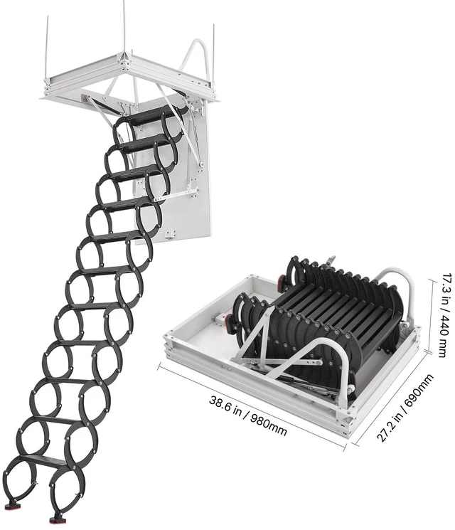 Alt view image 8 of 8 - Attic Ladder, 660LBS/299.4KG Capacity, Fits 8.5 to 9.4 ft Ceiling Height and 39.4 x 27.5 inch Opening Size, Alloy Steel Pull-Down Retractable Ceiling Stair with Pulling Rod for Attic Loft Roof