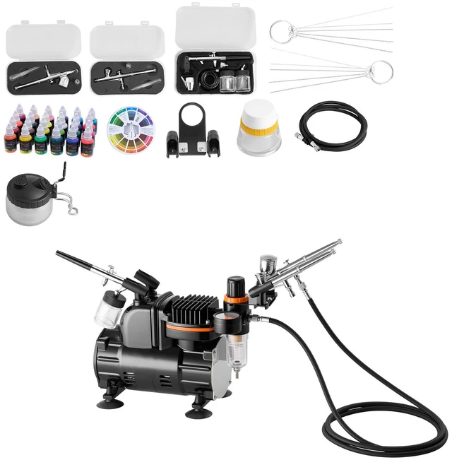 Alt view image 8 of 8 - Airbrush Kit, 1/6 HP, Air Brush Kit with Air Compressor, 3 Dual-Action Professional Airbrushes with 3 Tips, Hose, Acrylic Paint, Brush, Low Noise, for Cake Decorating, Model Painting, Nail Art