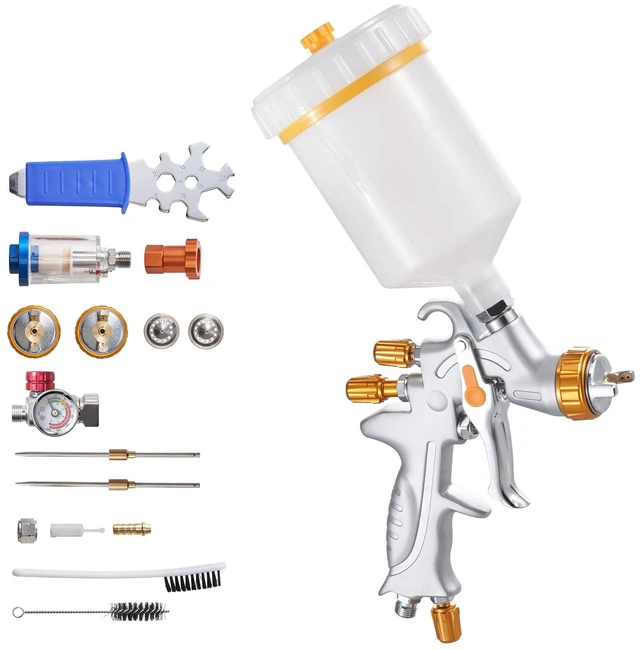 Alt view image 9 of 9 - HVLP Air Spray Gun, Gravity Feed Paint Sprayer Gun with 3 Nozzles (1.3/1.4/1.7mm), 600ml Capacity Auto Paint Sprayer with Air Regulator for Automotive Primers, Clear Coats & Topcoats