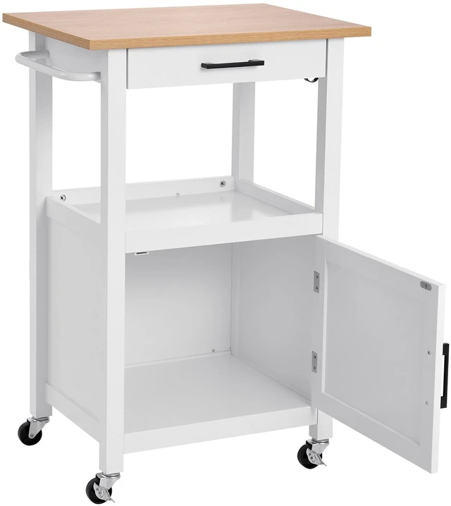 Alt view image 8 of 9 - Kitchen Island Cart with Single Door Cabinet, Mobile Carts with Drawer, Towel Rack, Hooks, Portable Table on Swivel Wheels, Small Coffee Islands Microwave Stand for Dining Room, 18x23 in, White