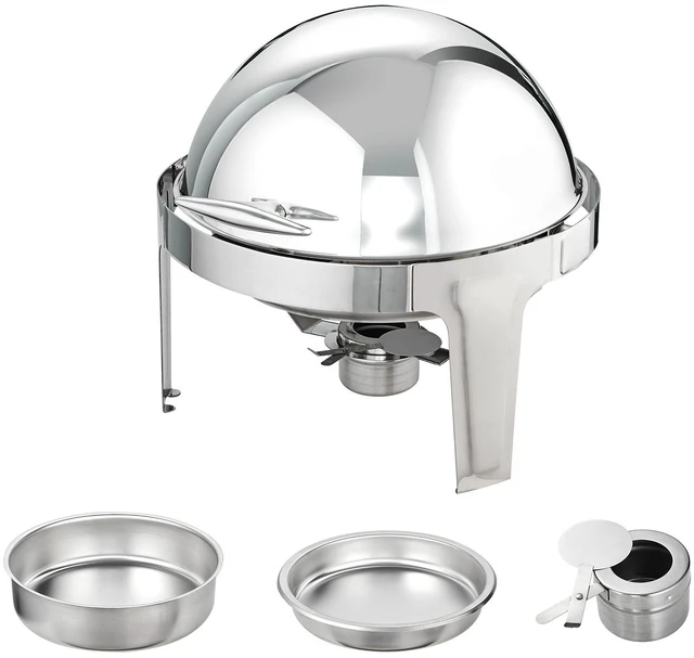 Alt view image 16 of 16 - VEVOR Roll Top Chafing Dish Buffet Set, 6 Qt 2 Pack, Stainless Steel Chafer with 2 Full Size Pans, Round Catering Warmer Server with Lid Water Pan Stand Fuel Holder, for at Least 5 People Each