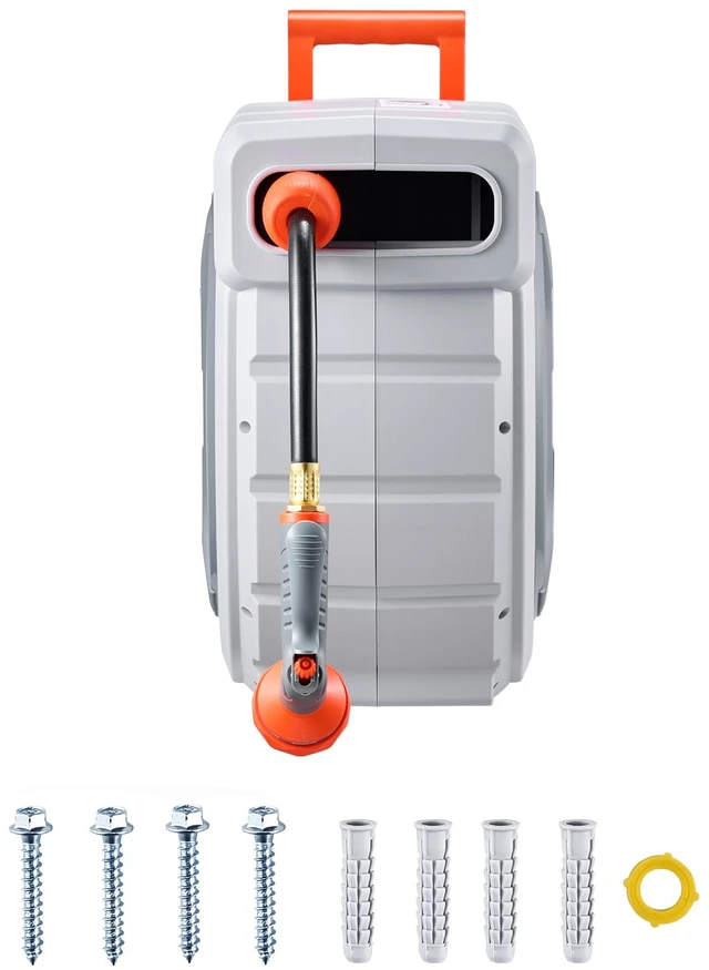 Alt view image 8 of 8 - Retractable Garden Hose Reel, 1/2 Inch x 65 ft Wall Mounted Hose Reel, Heavy Duty Garden Hose Reel with 9 Patterns Nozzle, Any Length Lock, Upgraded Slow Return System and 180°Swivel Bracket