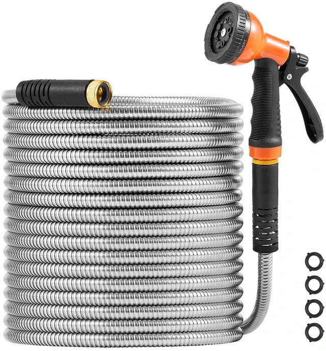 Alt view image 15 of 15 - Metal Garden Hose 100 ft, Rust Proof Stainless Steel Water Hose, Heavy Duty Backyard Hose with 10 Function Nozzle, No-Kink & Flexible Water Pipe, Lightweight Metal Hose for Yard, Outdoor
