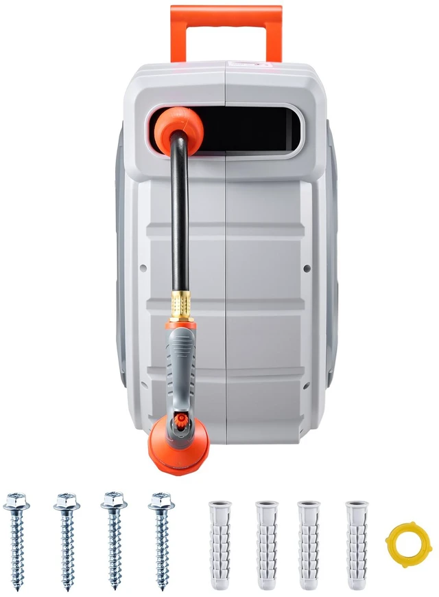 Alt view image 8 of 8 - Retractable Garden Hose Reel, 5/8 Inch x 100 ft Wall Mounted Hose Reel, Heavy Duty Garden Hose Reel with 9 Patterns Nozzle, Any Length Lock, Upgraded Slow Return System and 180°Swivel Bracket