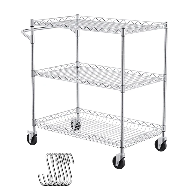 Alt view image 16 of 16 - Kitchen Utility Cart, 3 Tiers, Wire Rolling Cart with 661LBS Capacity, Steel Service Cart on Wheels, Metal Storage Trolley with 80mm Deep Basket Curved Handle 6 Hooks, for Indoor and Outdoor Use