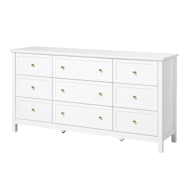 Alt view image 8 of 8 - 9 Drawer Dresser, Wooden Chest of Drawers with Sliding and Anti-tip Device, Retro Minimalist Dresser Chest, Closet Storage TV Stand Organizer for Living Room, Hallway, Bedroom, Entryway, White