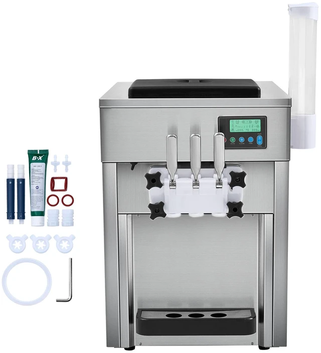 Alt view image 10 of 10 - Commercial Ice Cream Machine, 21 QT/H Yield, 1800W 3-Flavor Countertop Soft Serve Ice Cream Maker, 2 x 4L Hopper 2 x 1.8L Cylinder, LCD Panel Auto Clean Pre-cooling, for Restaurant Snack Bar