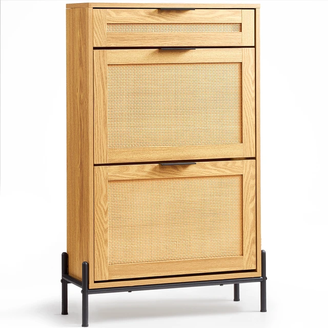 Alt view image 15 of 15 - Rattan Shoe Cabinet, Narrow Shoe Storage Organizer with 2 Flip Rattan Drawers & 1 Slide Drawer, Metal Legs, Slim Shoe Entryway Cabinet Ideal for Entryway, Closet, Hallway, Light Wood Color