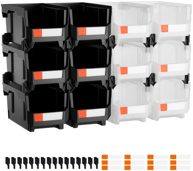Alt view image 8 of 8 - Plastic Stackable Storage Bins, 14.8 x 8.5 x 7.1 inch (12 Pack), Plastic Containers for Organizing & Storage Bins for Garage, Small Parts, Office Supplies, Other Accessories, Black & Transparent