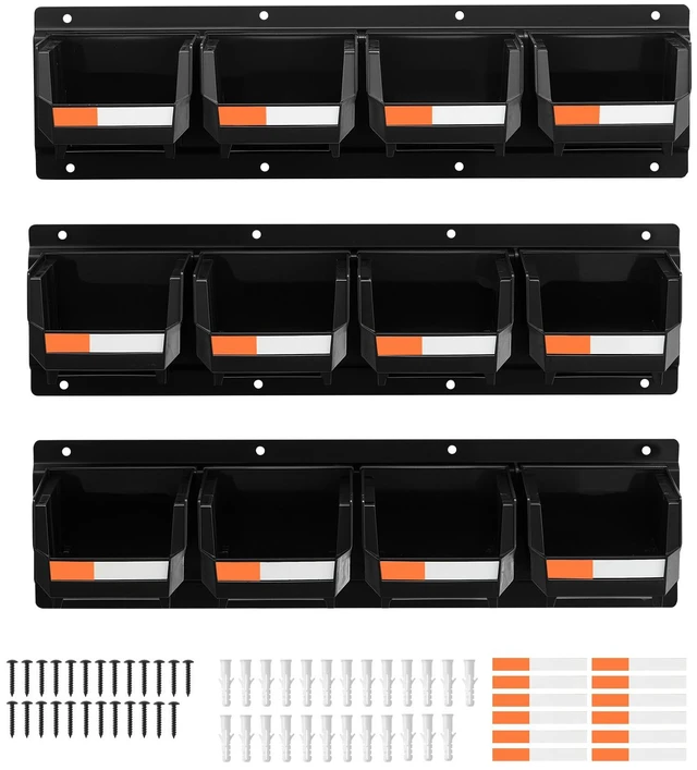 Alt view image 9 of 9 - Wall Mounted Storage Bins, 12 Plastic Bins & 3 Metal Rails, Plastic Hanging Stackable Storage Bin for Screws, Nuts, Bolts, Nails, Hardware Tool Organizer for Workshop, Craft Room, Garage, Black