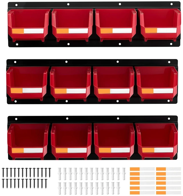 Alt view image 9 of 9 - Wall Mounted Storage Bins, 12 Plastic Bins & 3 Metal Rails, Plastic Hanging Stackable Storage Bin for Screws, Nuts, Bolts, Nails, Hardware Tool Organizer for Workshop, Craft Room, Garage, Red