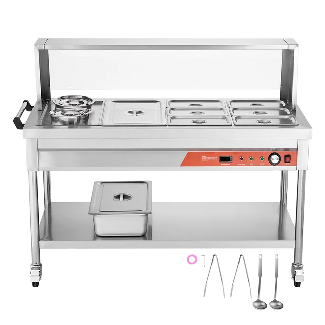 Alt view image 8 of 8 - Commercial Electric Food Warmer, 7 Pans + 2 Pots Steam Table, 1800W Professional Buffet Catering Food Warmer with Shield Undershelf Wheels, Stainless Steel Server for Party Restaurant