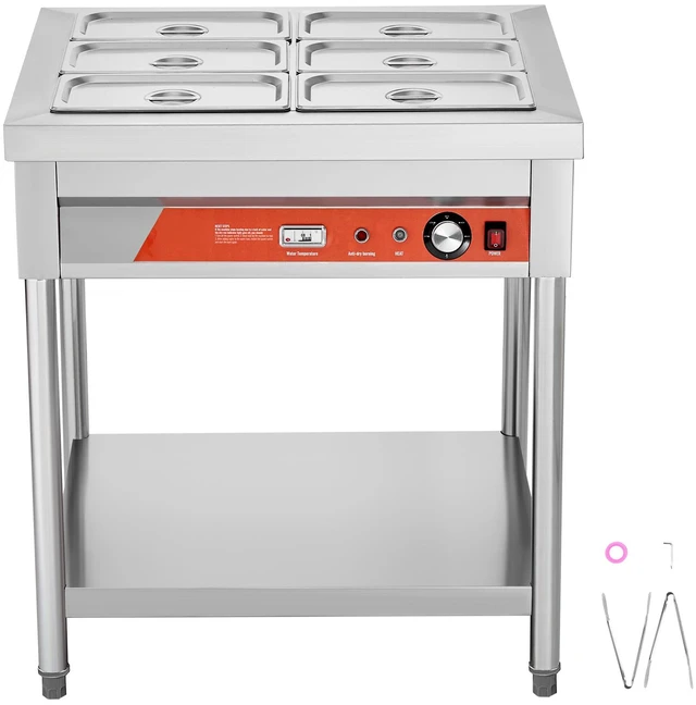 Alt view image 10 of 10 - 6-Pan Commercial Food Warmer, 6 x 1/3 Pans Electric Steam Table, 1500W Professional Buffet Catering Food Warmer with Undershelf, Stainless Steel Server for Restaurant Party Hotel